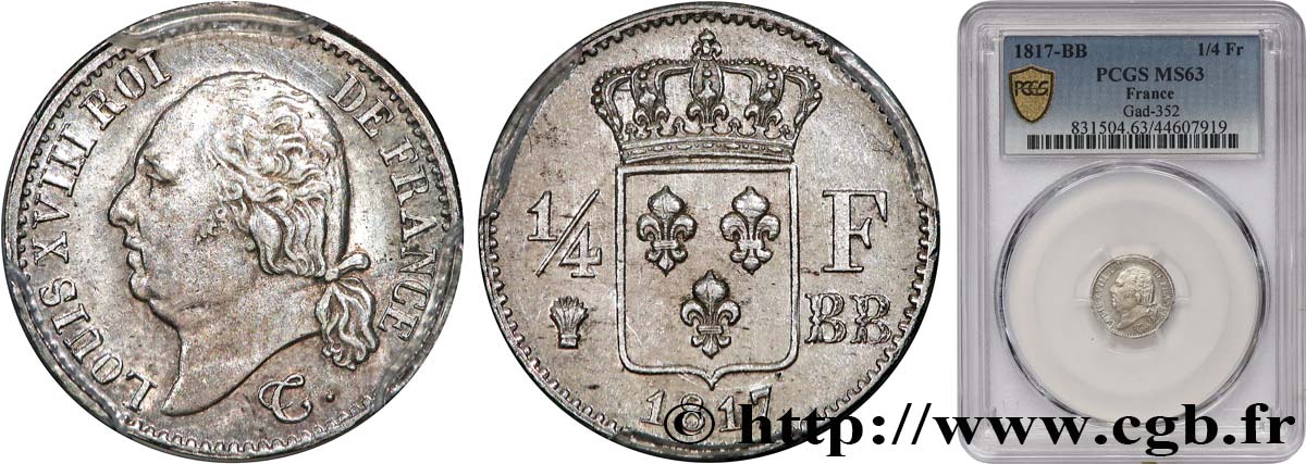 1/4 franc Louis XVIII  1817 Strasbourg F.163/3 MS63 PCGS