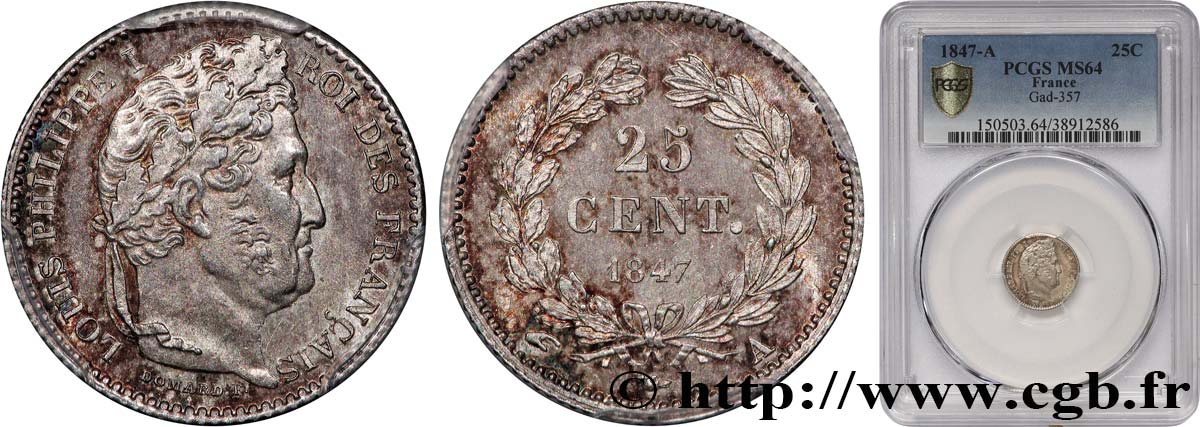 25 centimes Louis-Philippe 1847 Paris F.167/9 MS64 PCGS