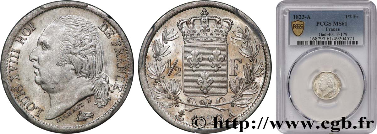 1/2 franc Louis XVIII 1823 Paris F.179/34 MS61 PCGS