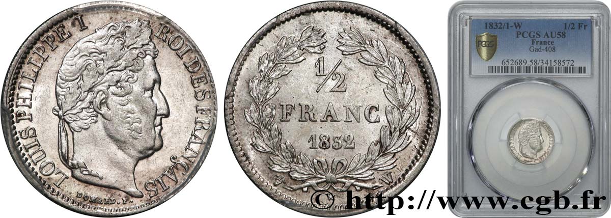 1/2 franc Louis-Philippe 1832 Lille F.182/27 AU58 PCGS