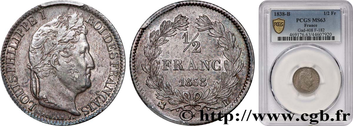1/2 franc Louis-Philippe 1838 Rouen F.182/74 MS63 PCGS