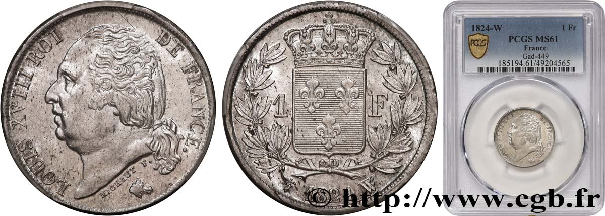 1 franc Louis XVIII 1824 Lille F.206/66 SUP61 PCGS