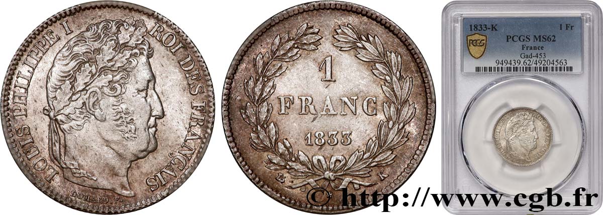 1 franc Louis-Philippe, couronne de chêne 1833 Bordeaux F.210/20 SUP62 PCGS