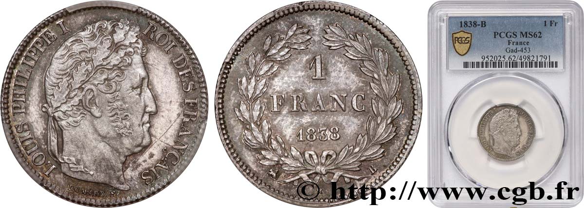 1 franc Louis-Philippe, couronne de chêne 1838 Rouen F.210/63 SUP62 PCGS