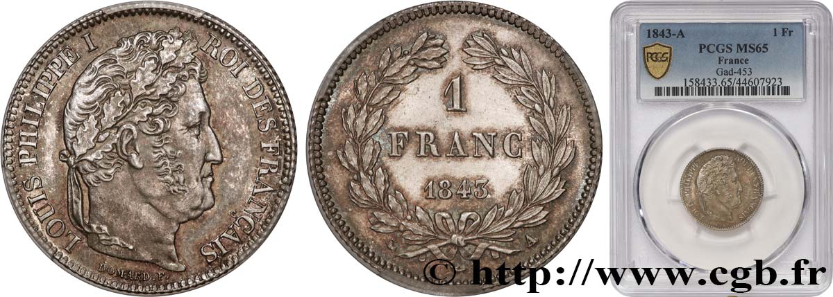 1 franc Louis-Philippe, couronne de chêne 1843 Paris F.210/90 FDC65 PCGS