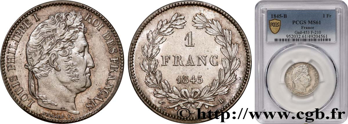 1 franc Louis-Philippe, couronne de chêne 1845 Rouen F.210/101 SUP61 PCGS