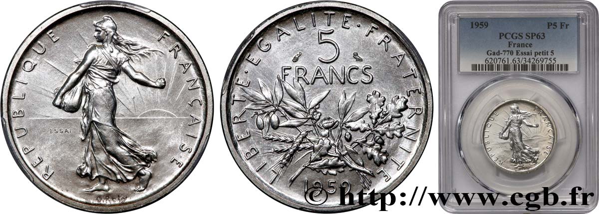 Essai de 5 francs Semeuse, argent, petit 5 1959 Paris F.340/2 SPL63 PCGS