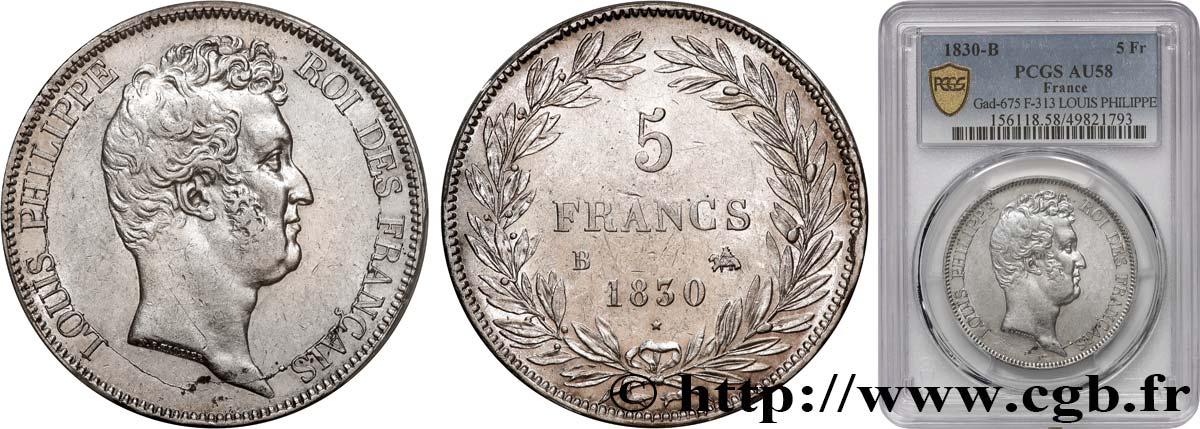 5 francs type Tiolier sans le I, tranche en creux 1830  Rouen F.313/2 SUP58 PCGS