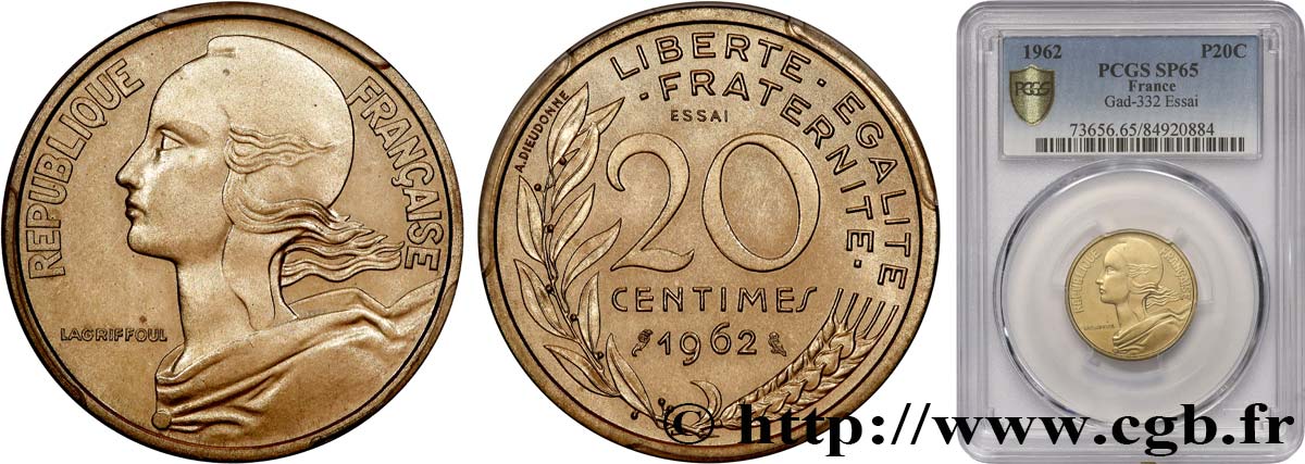 Essai de 20 centimes Marianne 1962 Paris F.156/1 FDC65 PCGS