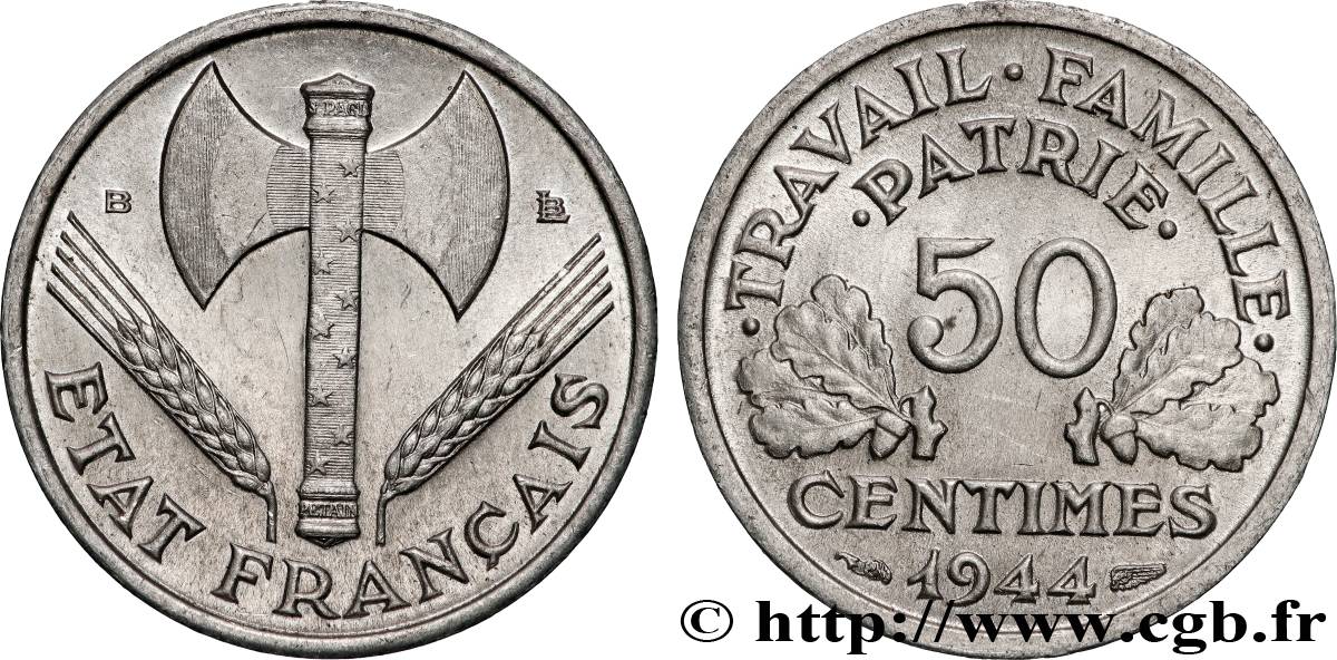 50 centimes Francisque, légère 1944 Beaumont-Le-Roger F.196/5 MS63 