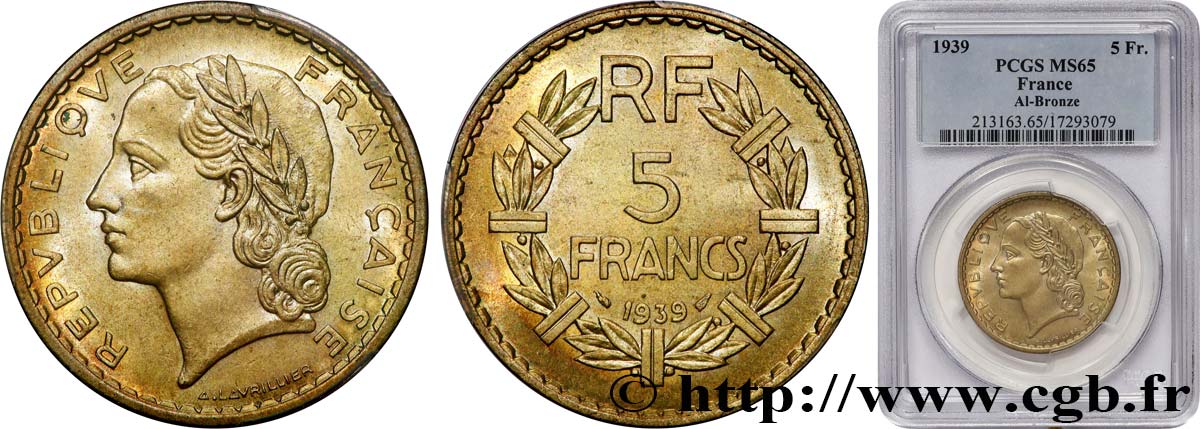 5 francs Lavrillier, bronze-aluminium 1939  F.337/3 MS65 PCGS