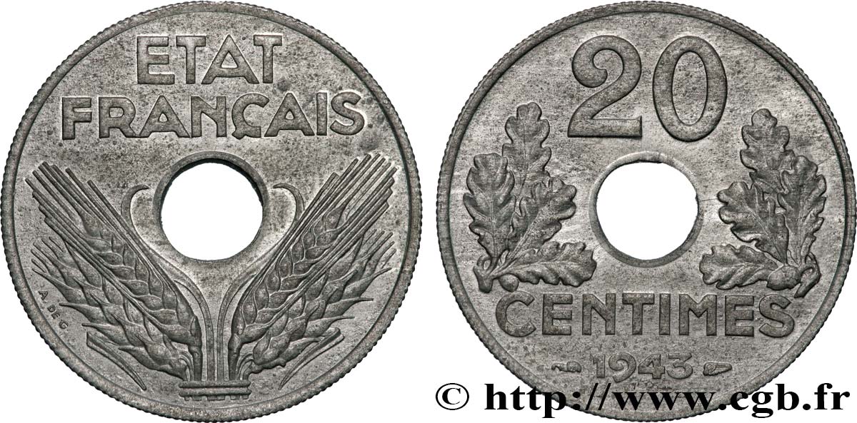 20 centimes État français, légère 1943  F.153A/1 MS62 
