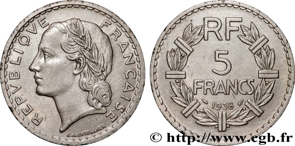 5 francs Lavrillier, nickel 1938  F.336/7 XF 