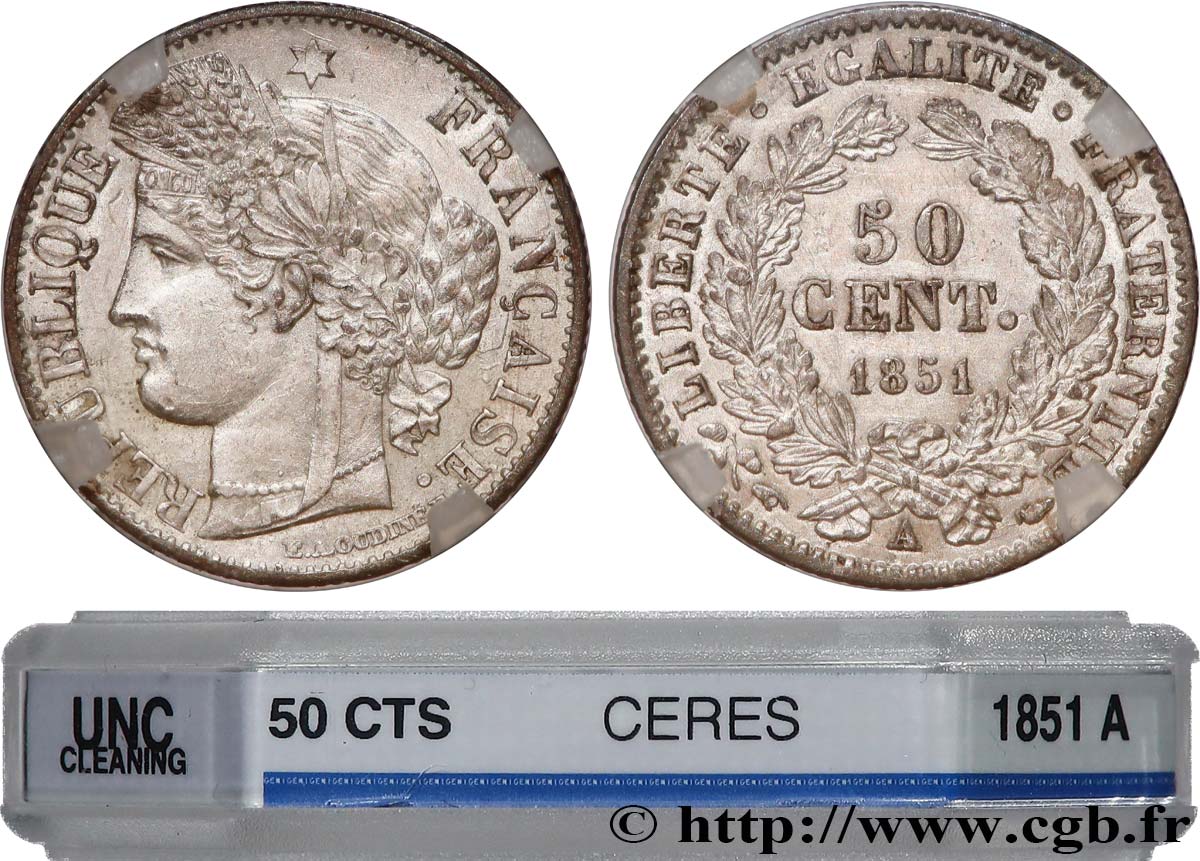 50 centimes Cérès, IIe République 1851 Paris F.184/5 SUP+ GENI