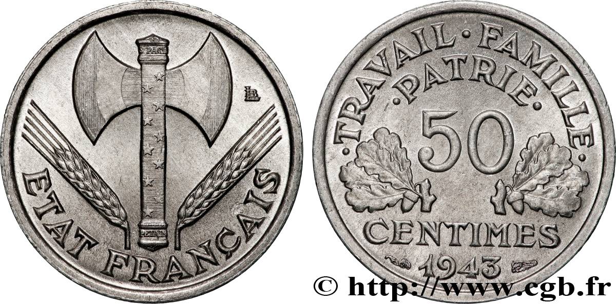 50 centimes Francisque, légère 1943  F.196/2 MS64 