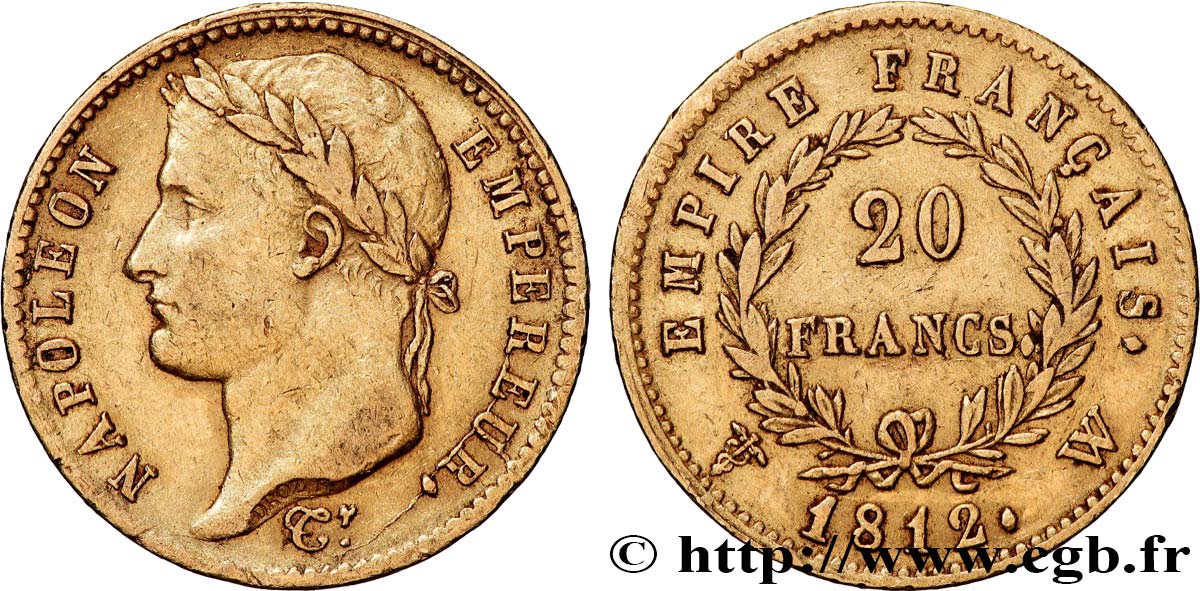20 francs or Napoléon tête laurée, Empire français 1812 Lille F.516/29 XF 