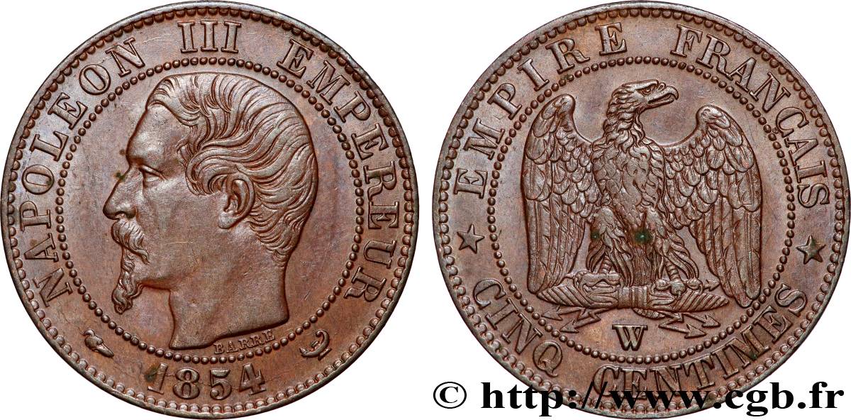 Cinq centimes Napoléon III, tête nue 1854 Lille F.116/15 AU58 