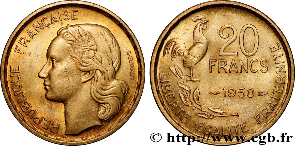 20 francs G. Guiraud, 4 faucilles 1950  F.402/3 MS64 