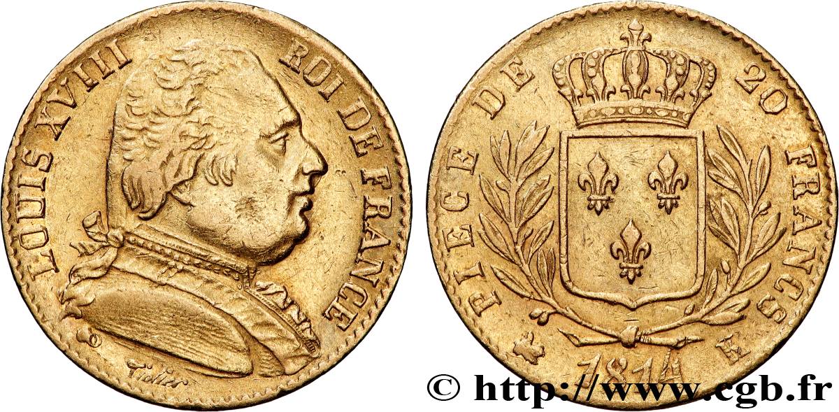 20 francs or Louis XVIII, buste habillé 1814 Bordeaux F.517/3 TTB 