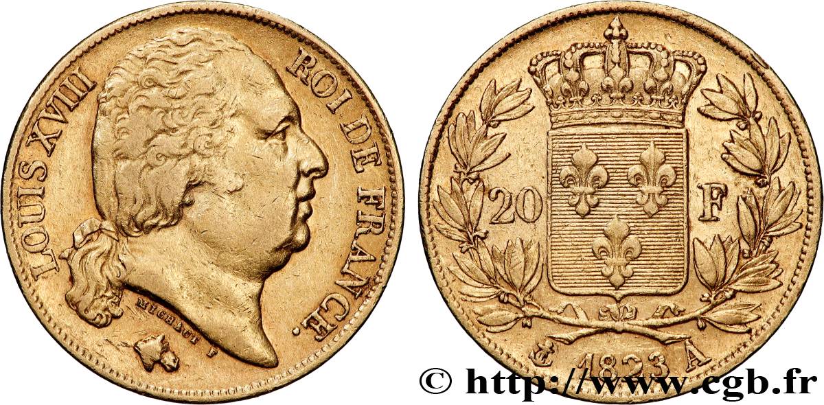 20 francs or Louis XVIII, tête nue 1823 Paris F.519/29 XF 