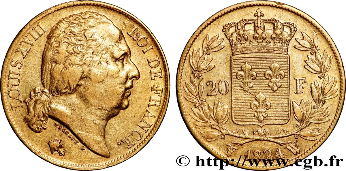20 francs or Louis XVIII, tête nue 1824 Lille F.519/34 TTB 
