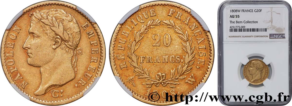 20 francs Napoléon tête laurée, République française 1808 Lille F.515/8 SUP55 NGC
