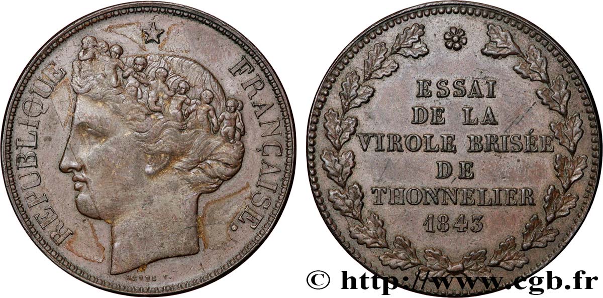 Module de 5 francs par Barre - Essai de la virole brisée 1843  VG.3098  TTB+ 