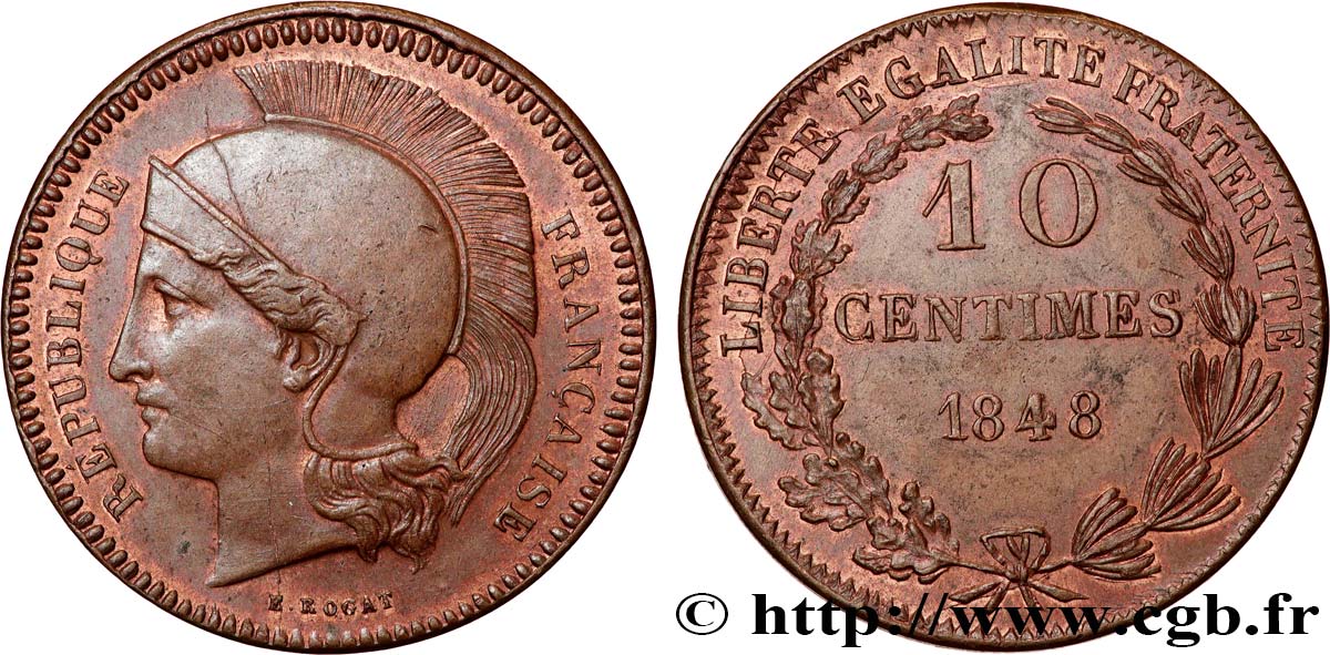 Concours de 10 centimes, essai en cuivre par Rogat, deuxième concours, quatrième revers 1848 Paris VG.3170 var. MS 