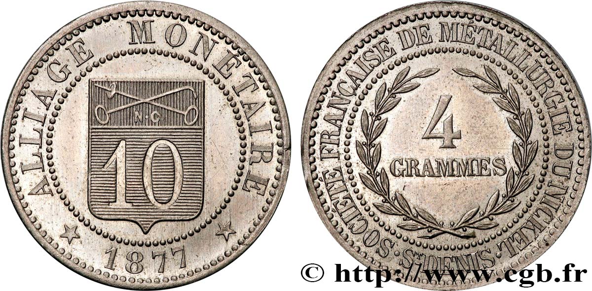 Essai d’alliage au module de 10 centimes 1877  GEM.257 2 MS62 
