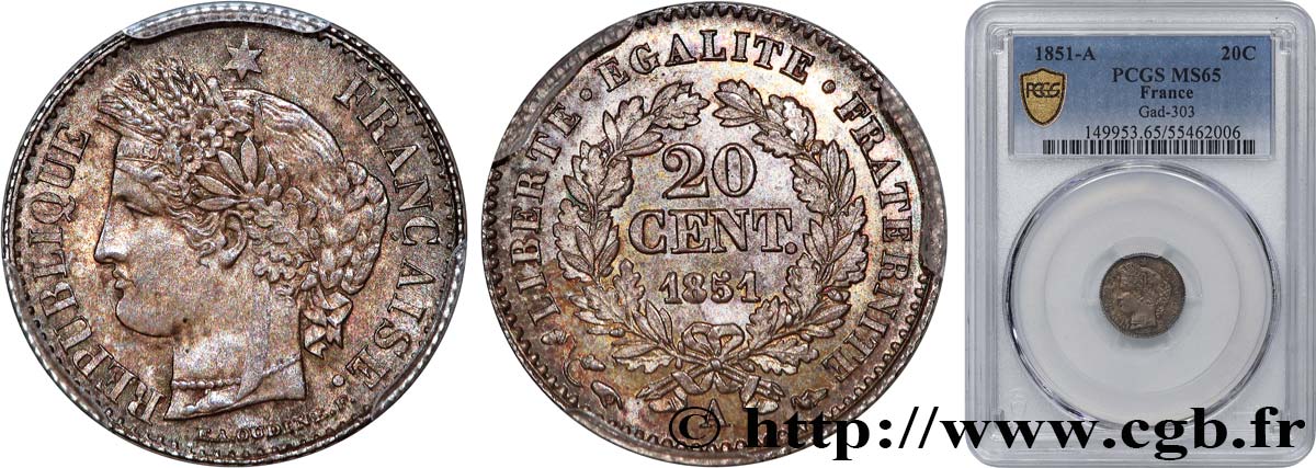 20 centimes Cérès, IIe République 1851 Paris F.146/7 FDC65 PCGS
