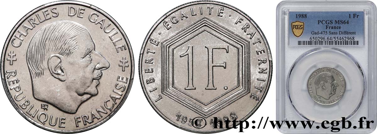 1 franc De Gaulle, sans différents 1988  F.227/3 SPL64 PCGS