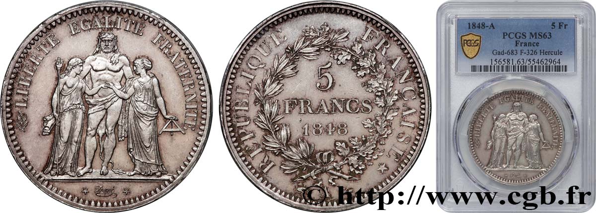 5 francs Hercule, IIe République 1848 Paris F.326/1 SPL63 PCGS