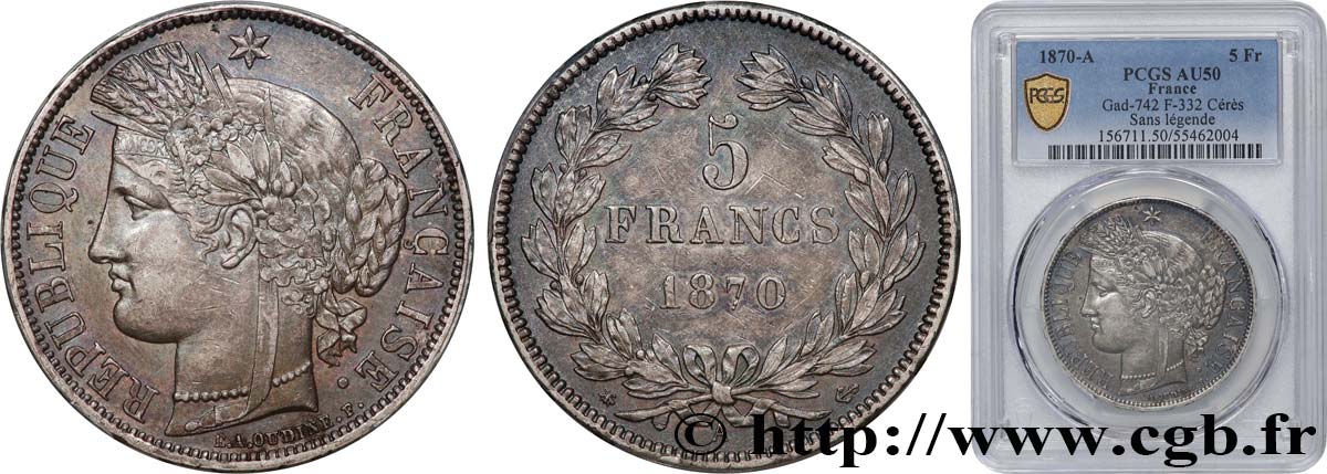 5 francs Cérès, sans légende 1870 Paris F.332/1 AU50 PCGS