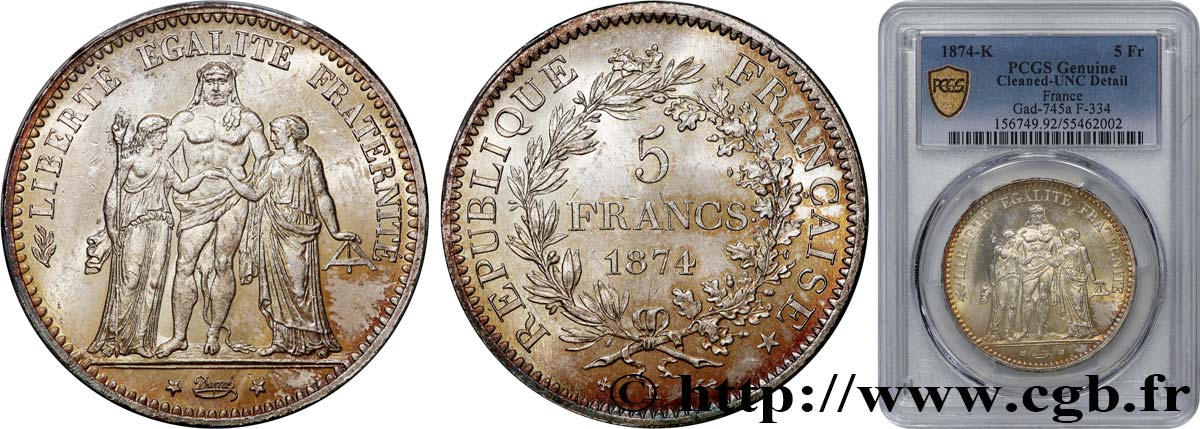 5 francs Hercule 1874 Bordeaux F.334/13 SUP+ PCGS