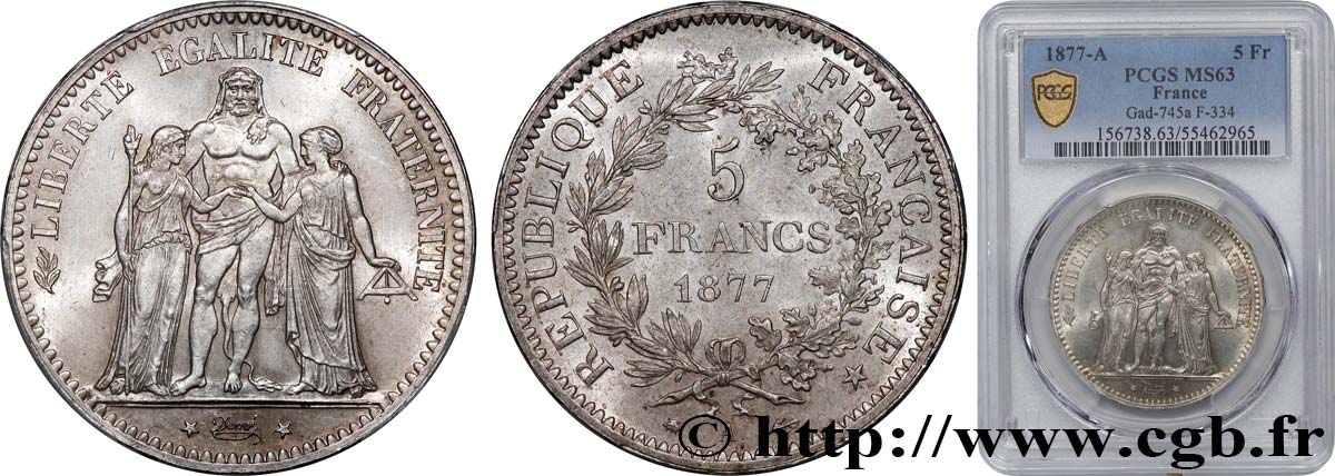 5 francs Hercule 1877 Paris F.334/19 MS63 PCGS