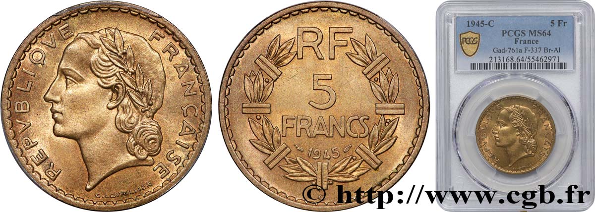 5 francs Lavrillier, bronze-aluminium 1945 Castelsarrasin F.337/6 SPL64 PCGS