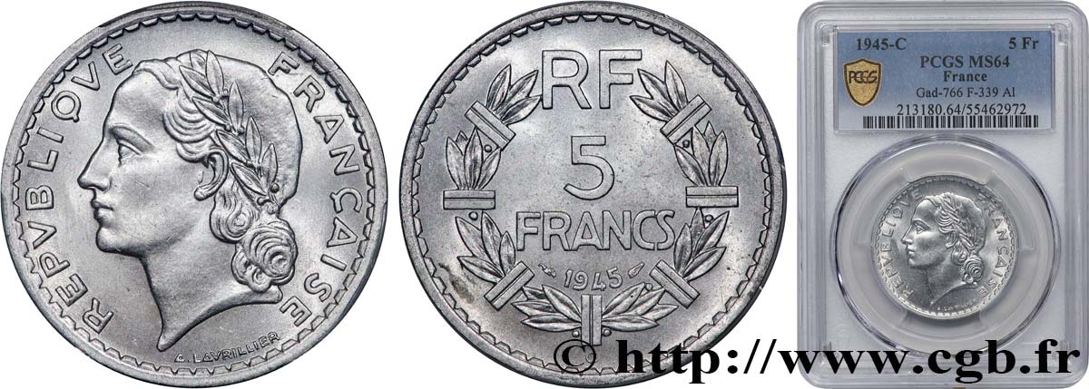 5 francs Lavrillier, aluminium 1945 Castelsarrasin F.339/5 SPL64 PCGS