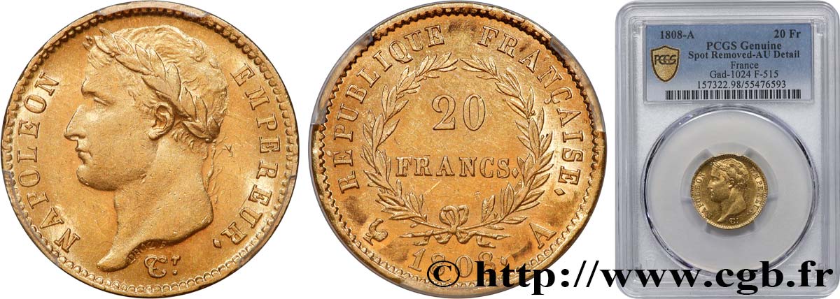 20 francs or Napoléon tête laurée, République française 1808 Paris F.515/2 TTB+ PCGS