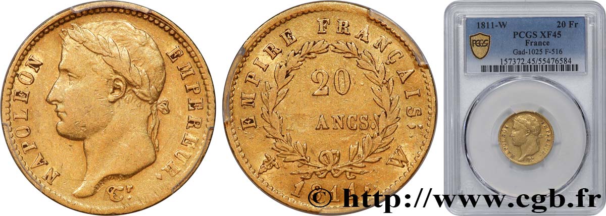 20 francs or Napoléon, tête laurée, Empire français 1811 Lille F.516/21 TTB45 PCGS