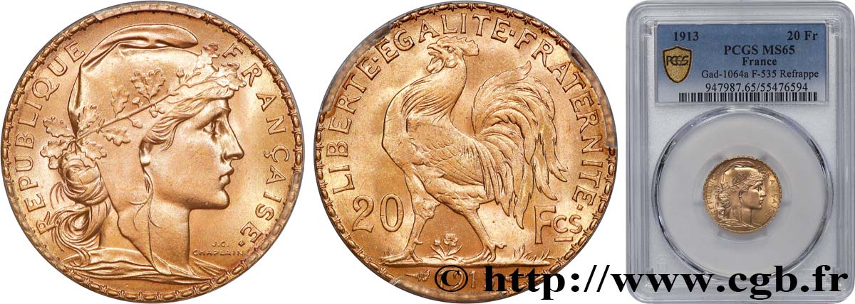 20 francs or Coq, Liberté Égalité Fraternité 1913 Paris F.535/7 FDC65 PCGS