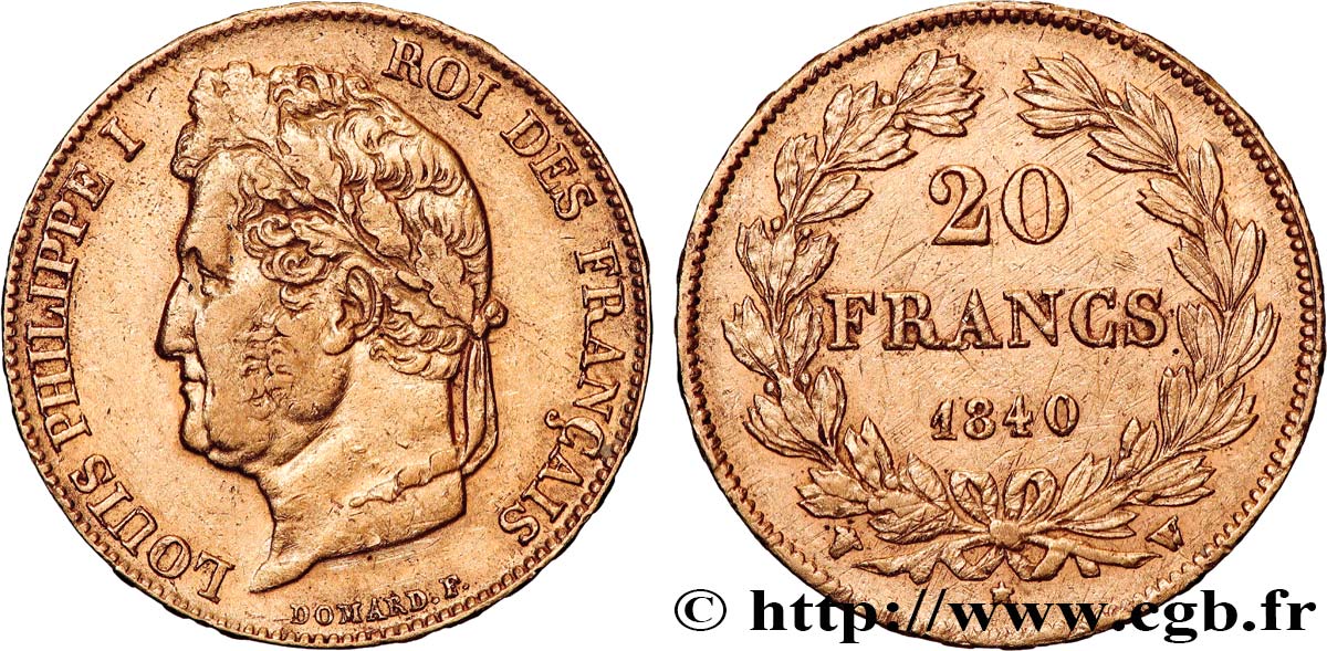 20 francs or Louis-Philippe, Domard 1840 Lille F.527/23 XF 