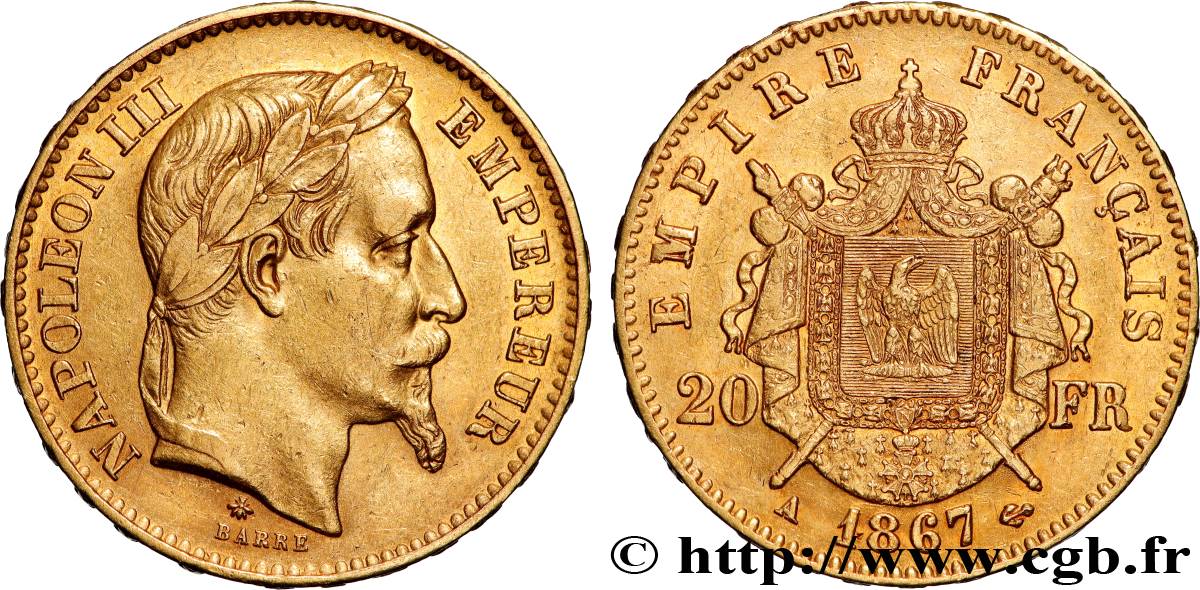 20 francs or Napoléon III, tête laurée 1867 Paris F.532/15 SS 
