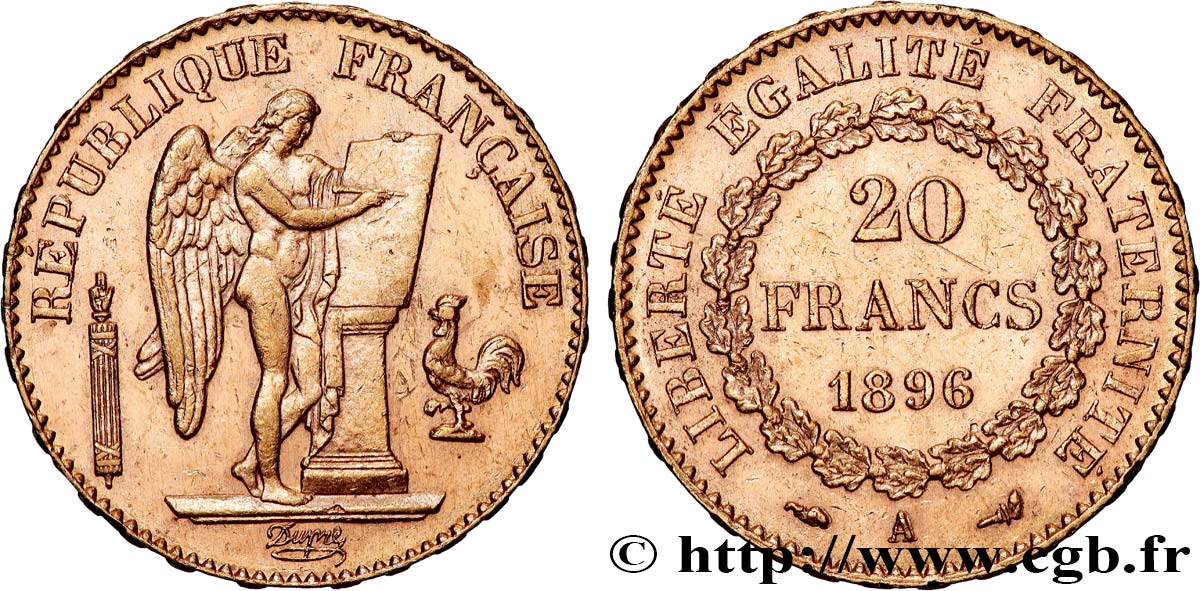 20 francs or Génie, Troisième République, différent torche 1896 Paris F.533/21 AU 