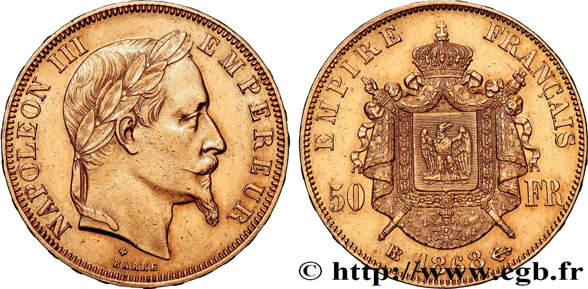 50 francs or Napoléon III, tête laurée 1868 Strasbourg F.548/11 AU 