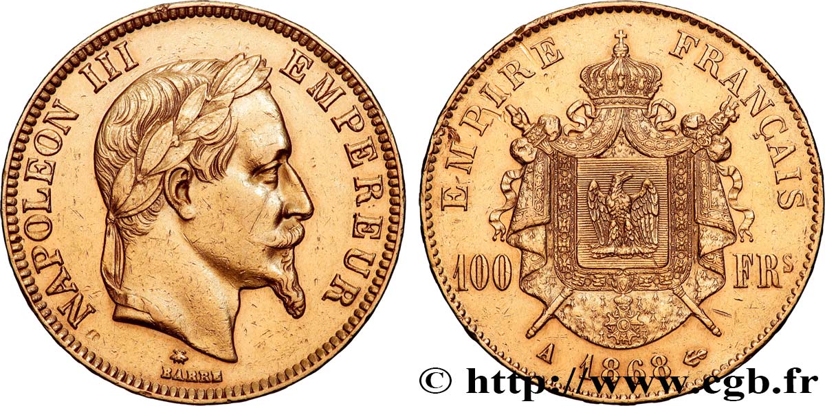 100 francs or Napoléon III, tête laurée 1868 Paris F.551/10 AU 
