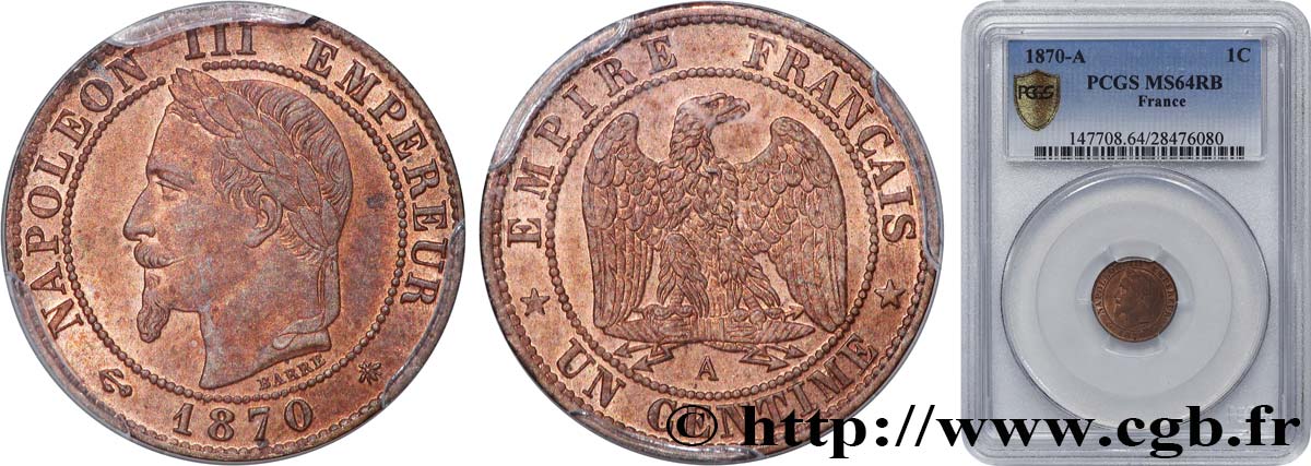 Un centime Napoléon III, tête laurée 1870 Paris F.103/8 SPL64 PCGS