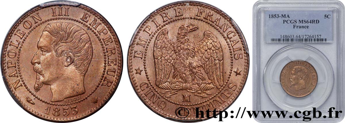 Cinq centimes Napoléon III, tête nue 1853 Marseille F.116/6 SPL64 PCGS