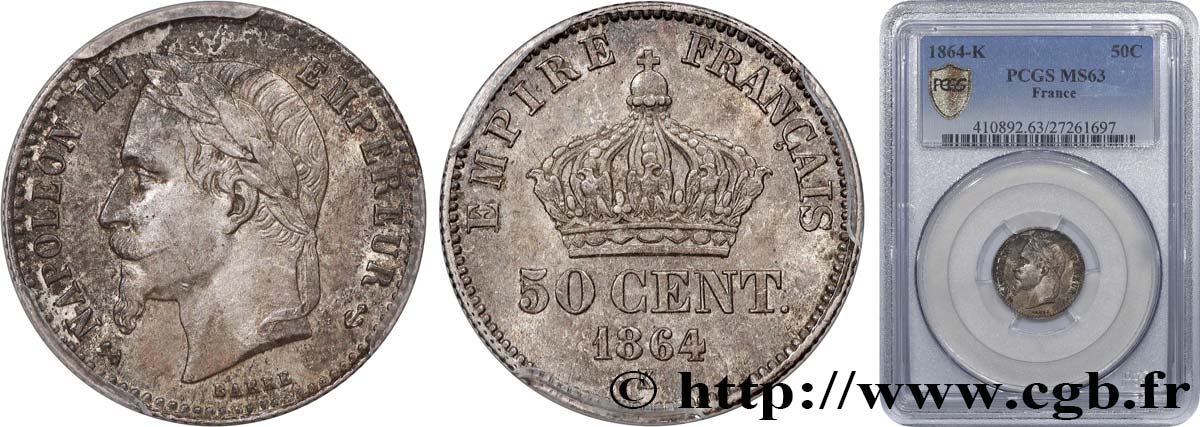 50 centimes Napoléon III, tête laurée 1864 Bordeaux F.188/4 SPL63 PCGS