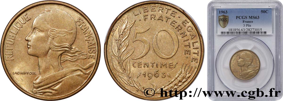 50 centimes Marianne, col à trois plis 1963 Paris F.197/4 SPL63 PCGS