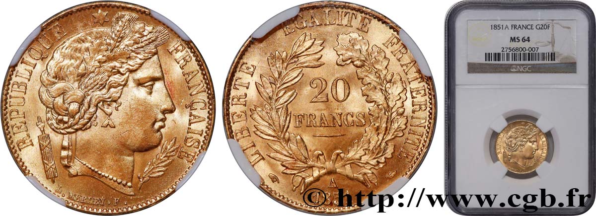 20 francs or Cérès 1851 Paris F.529/4 SPL64 NGC